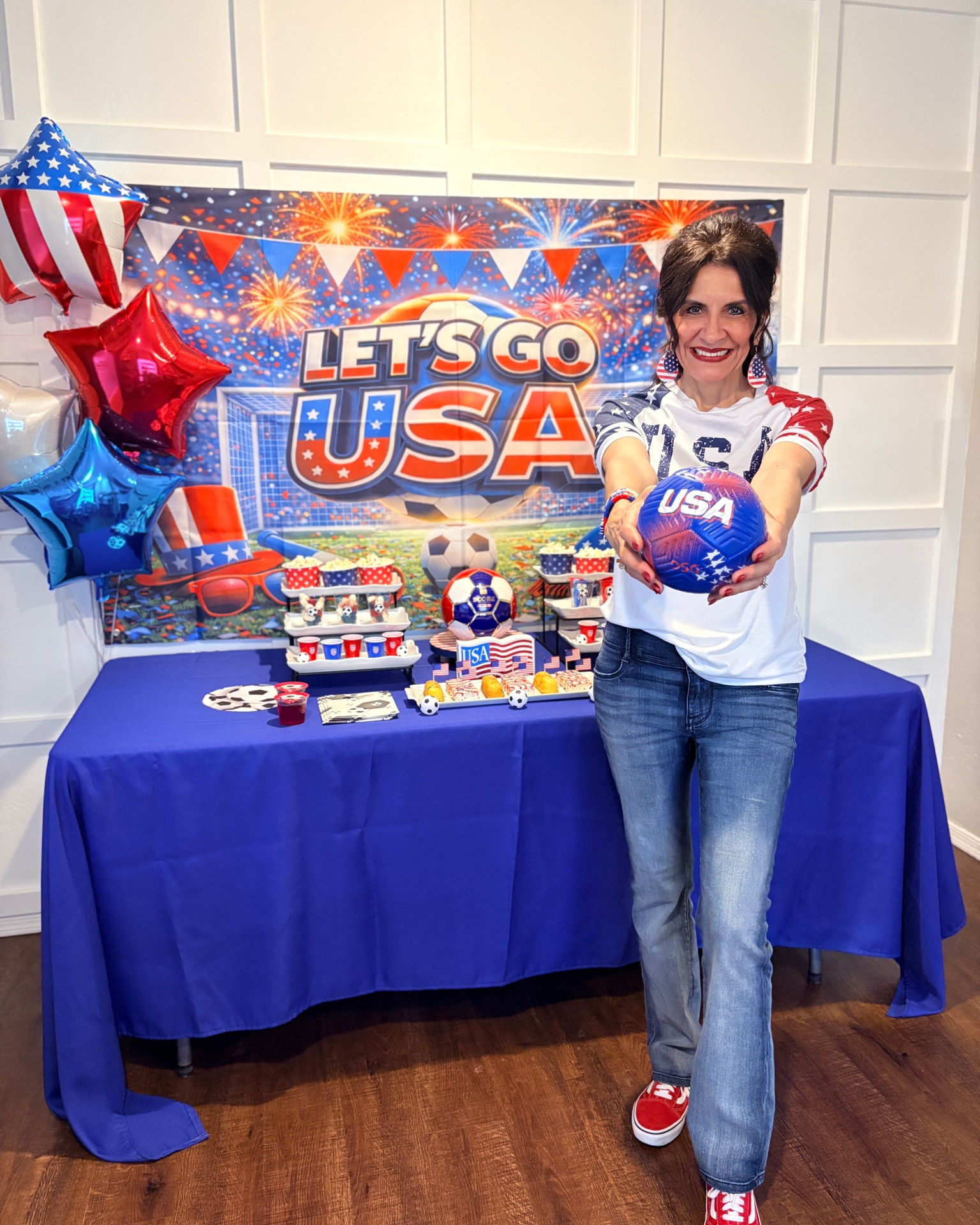 Win or lose, it’s always fun to get festive and cheer on Team USA! 🇺🇸 I loved putting together this patriotic game day look and creating an easy, budget-friendly snack table for family and friends. Sometimes the best memories aren’t about the final score—they’re about celebrating together. ❤️🤍💙

Everything from my USA outfit to my party setup is linked in my LTK! 

Follow for more affordable outfits, party inspiration, and game day ideas. 🇺🇸⚽

#Worldcup #USAfashion

#LTKOver40 #LTKootd #LTKdayinmylife