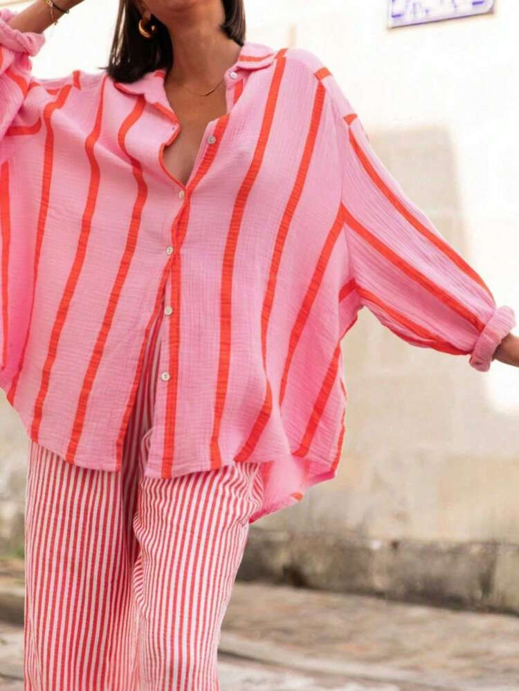 Women's Pink Stripe Loose Blouse, Elegant Casual Top Suitable For Commuting, Daily Wear, Valentine's Day, Outdoor, Spring/Summer | SHEIN
