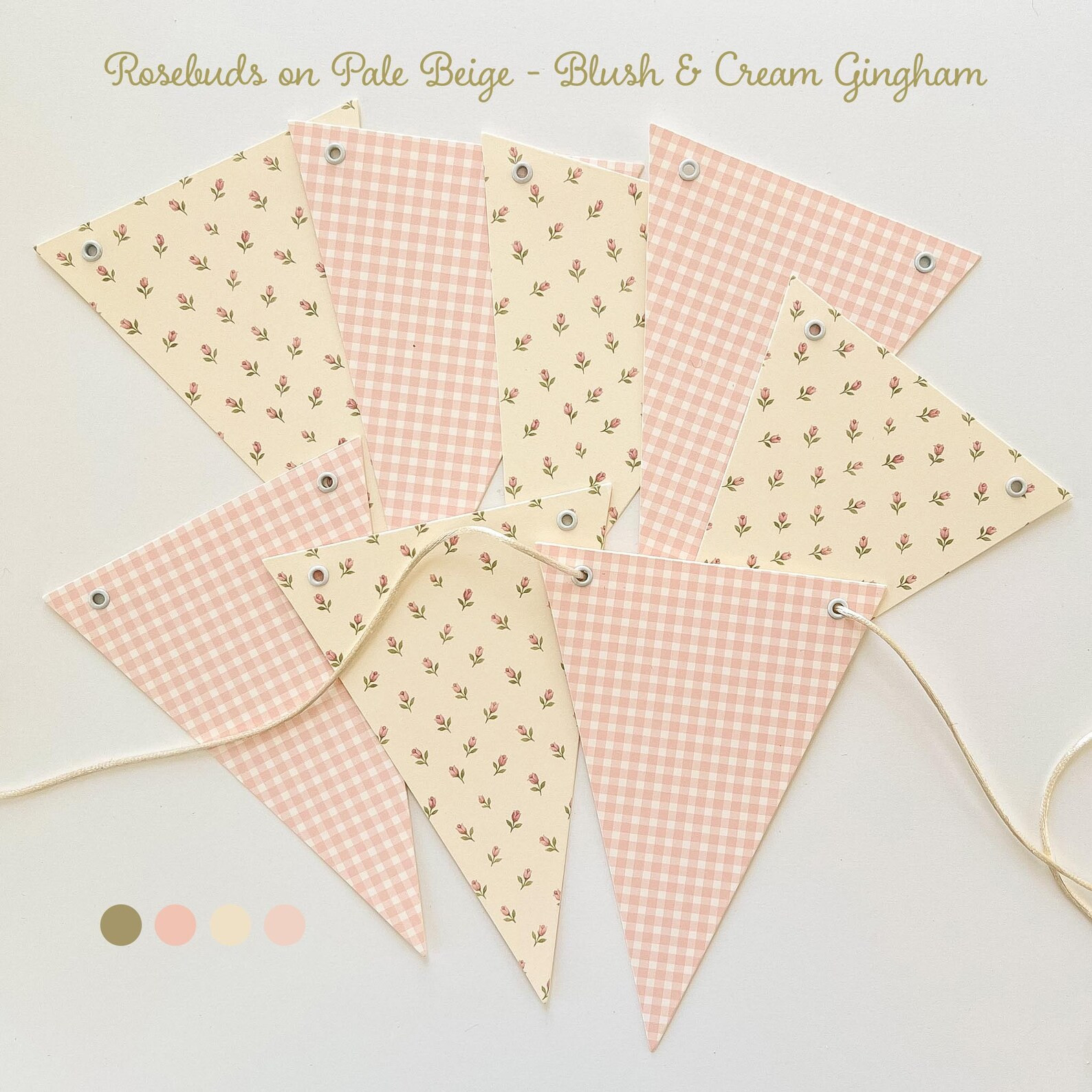 Bunting Banner Blush Pink and Cream Gingham with Vintage Pink Rosebuds on Beige, Super Heavy Card... | Etsy (Global)