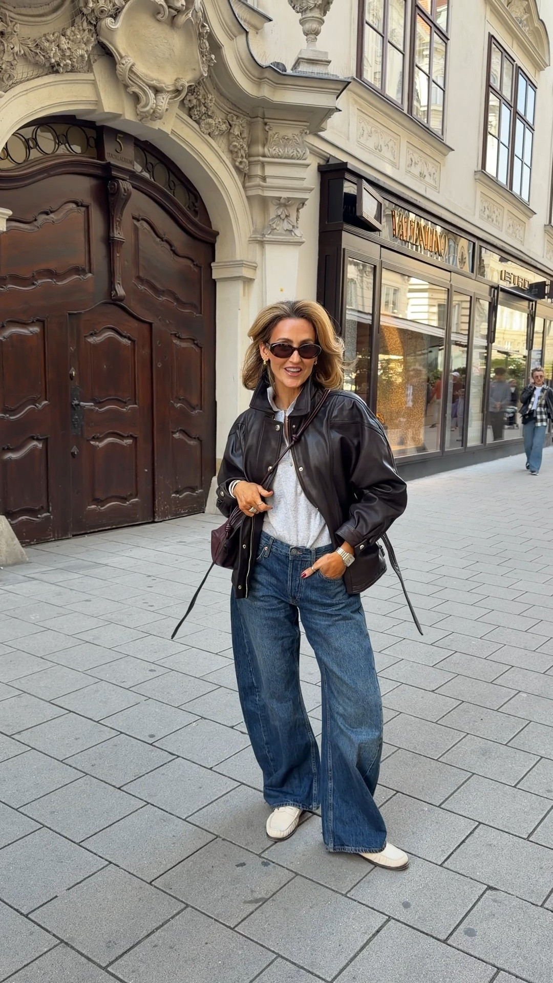 KSD shorties: Cultural day in Vienna ✨⛪️ comment SHOP and I’ll send you all the links! 

Just got these barrel jeans at Zara and pairing it with relaxed cashmere polo and oversized leather jacket, my YSL loafers have been a go-to shoe for all day walking while looking stylish! 

Jacket size 1, jeans 4/36
