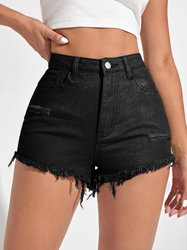 SHEIN EZwear Raw Hem Ripped Denim Shorts | SHEIN