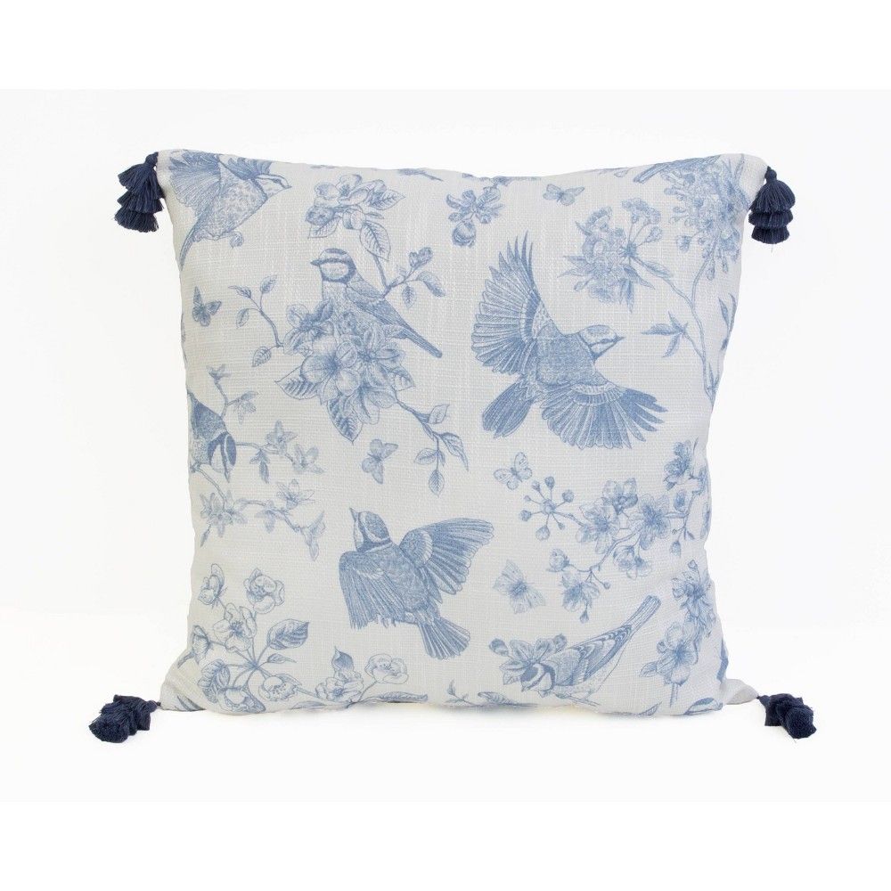 22""x22"" Beretta Bird Printed Reversible Faux Linen Tassel Pillow Blue - Decor Therapy | Target