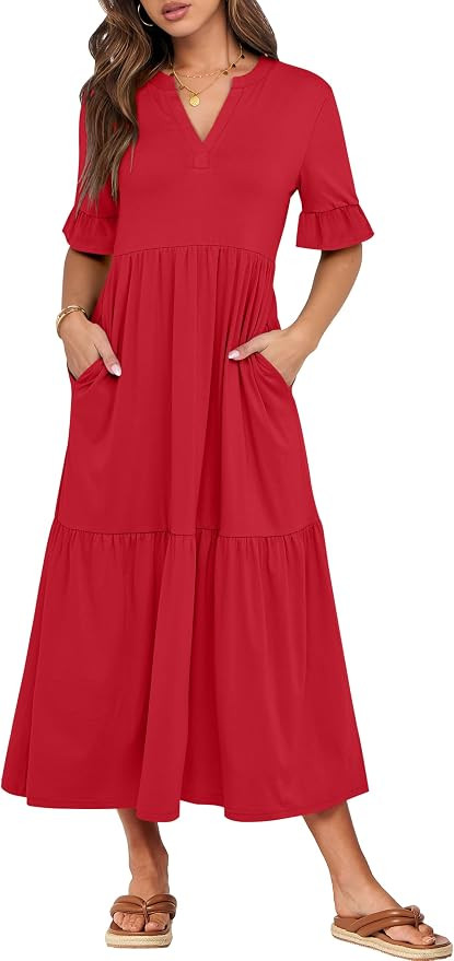 ANRABESS Women's Ruffle Short Sleeve Maxi Dress, V-Neck Tiered with Pockets, Beach, Vacation, Cas... | Amazon (US)