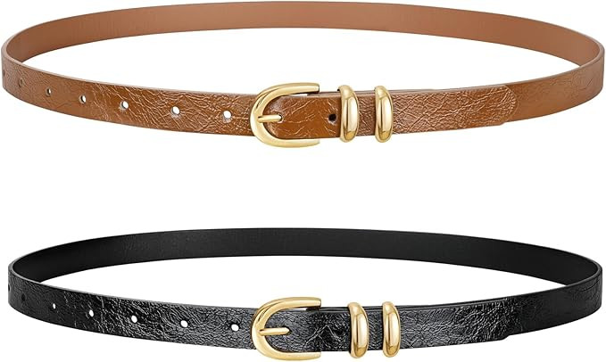 XZQTIVE 2 Pack Women's Skinny Leather Belts Ladies 0.78'' Thin Waist Belt for Jeans Dress Pants w... | Amazon (US)