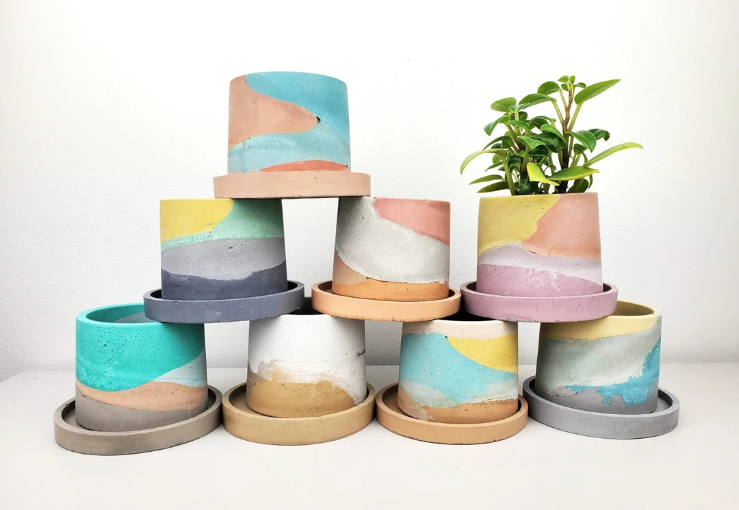 Small Cylinder Concrete Planter with Drain Tray | Multi Color | Cement Plant Pot | Drainage Hole | Etsy (US)