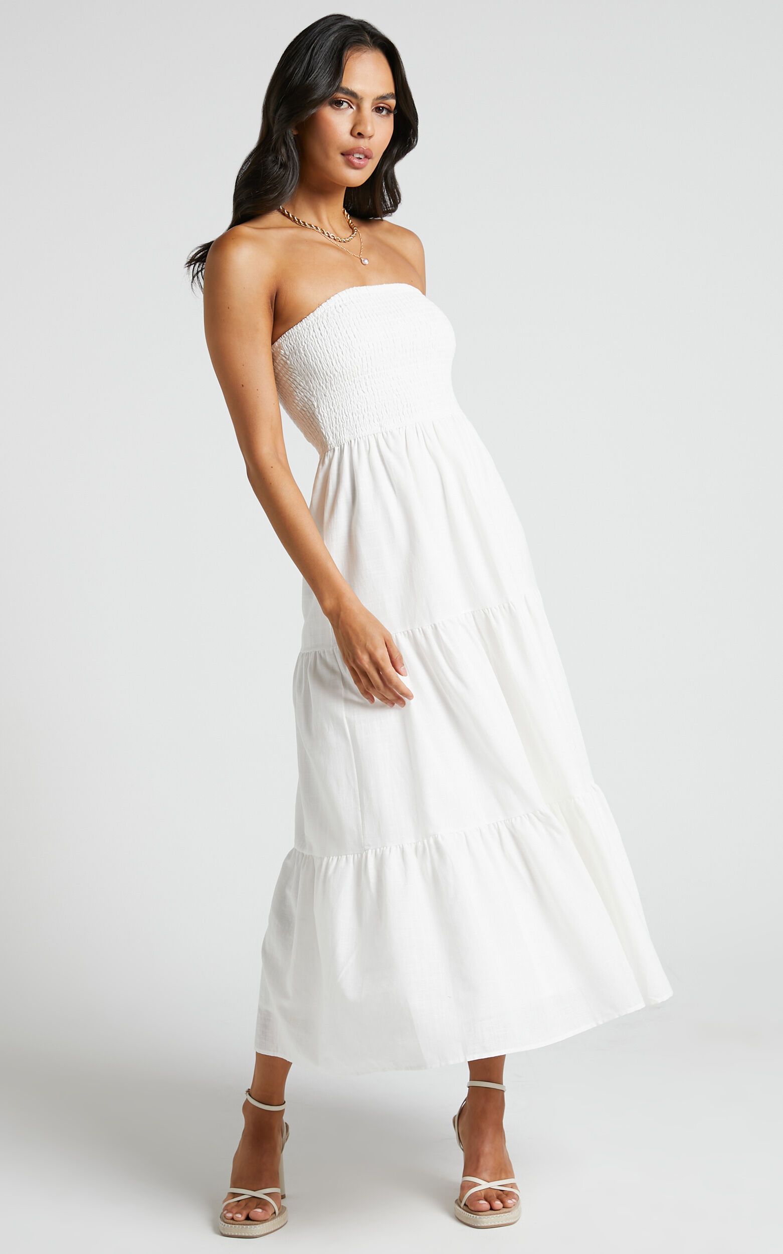 Zoe Midi Dress - Strapless Shirred Bodice Tiered Dress in White | Showpo (US, UK & Europe)