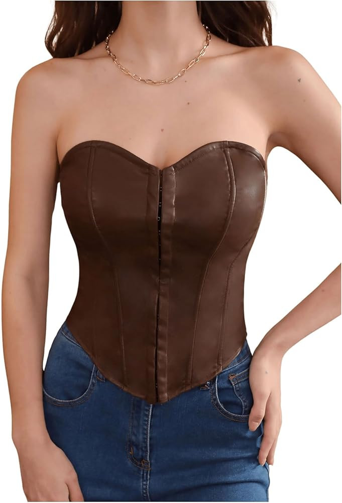 SOLY HUX Women's Y2k PU Leather Bustier Tube Crop Top Strapless Sleeveless Asymmetrical Hem Corse... | Amazon (US)