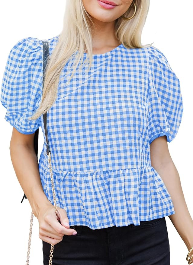 Cicy Bell Womens Puff Sleeve Gingham Blouse Summer Ruffle Peplum Babydoll Tops Cute Plaid Cotton ... | Amazon (US)