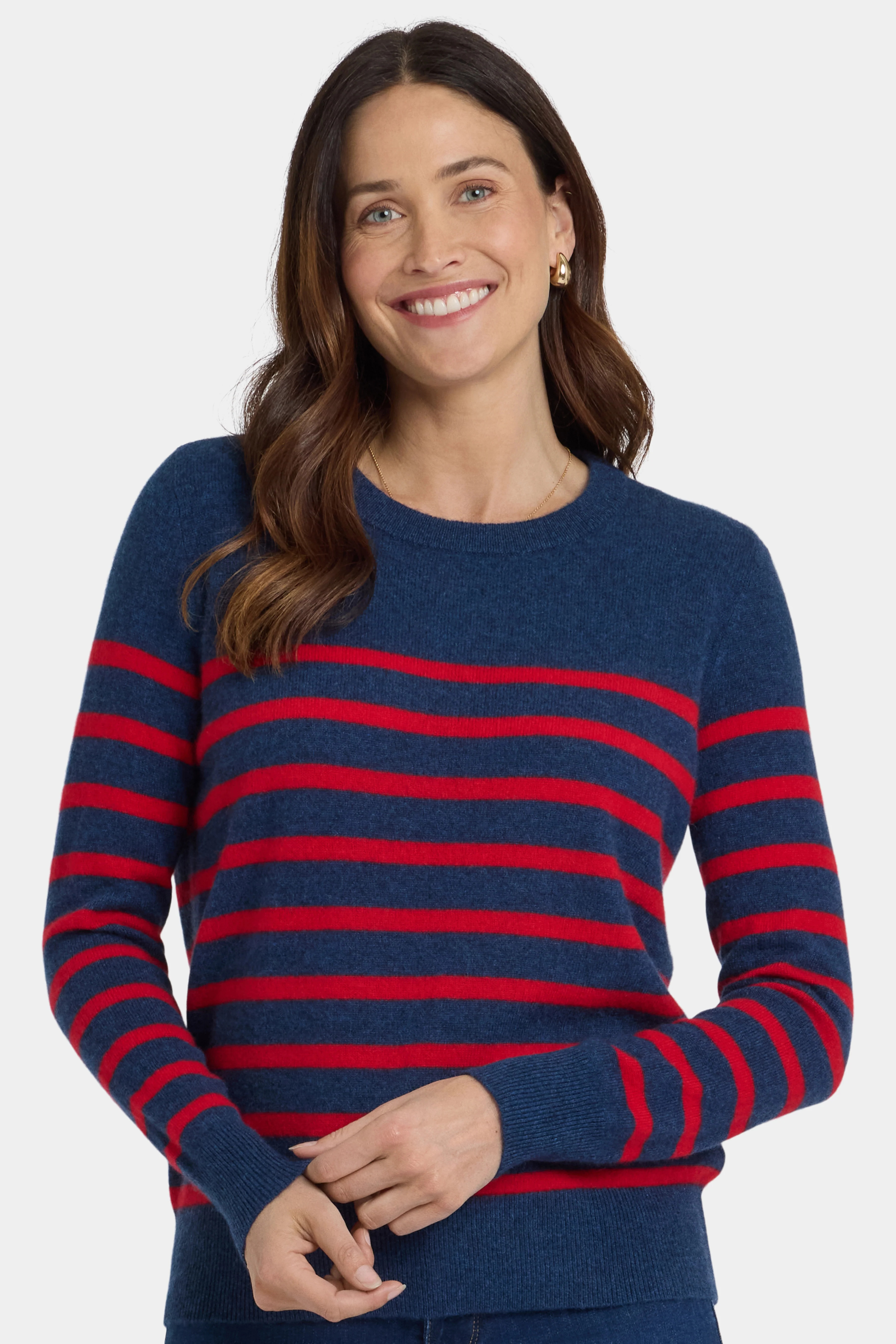 Striped Cashmere Crewneck Sweater - Navy Red Stripe | NYDJ