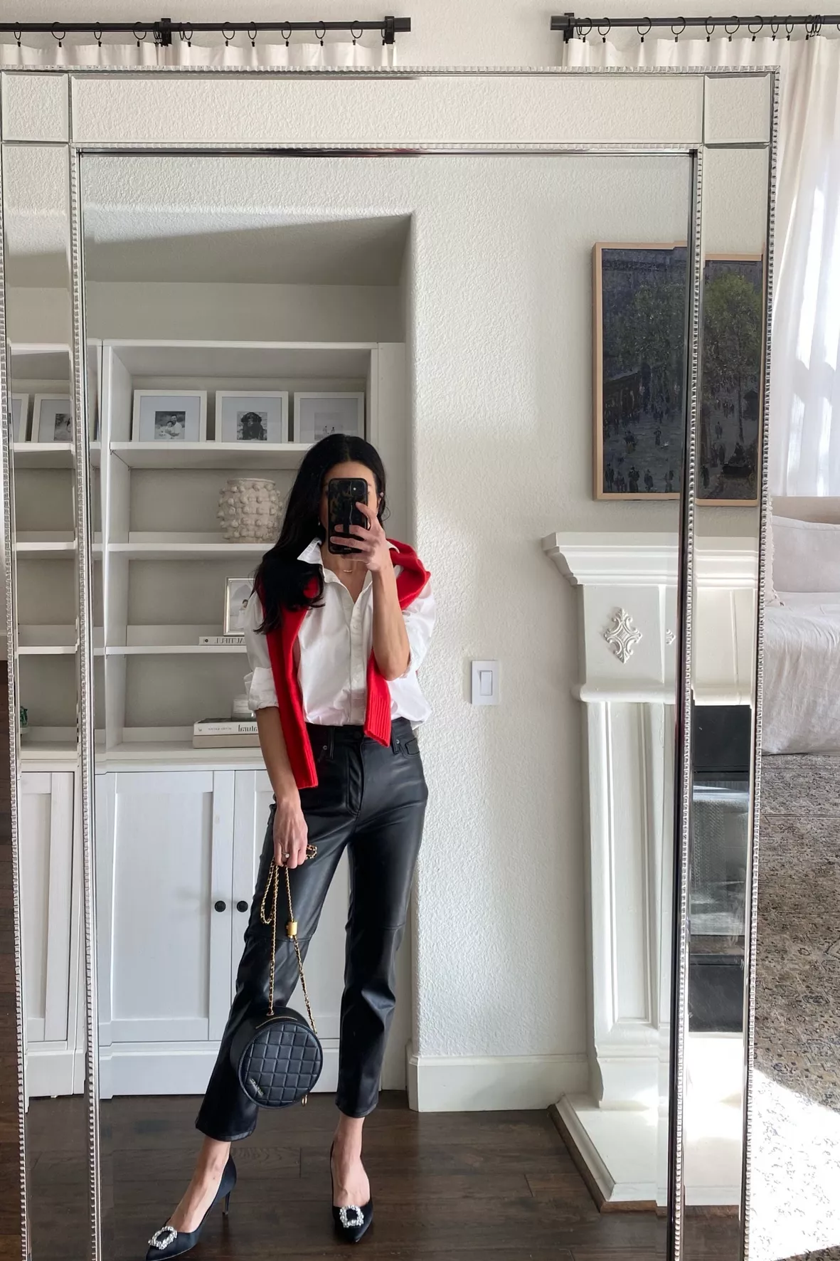 All Black + Leather Pants and a Pop of Red…