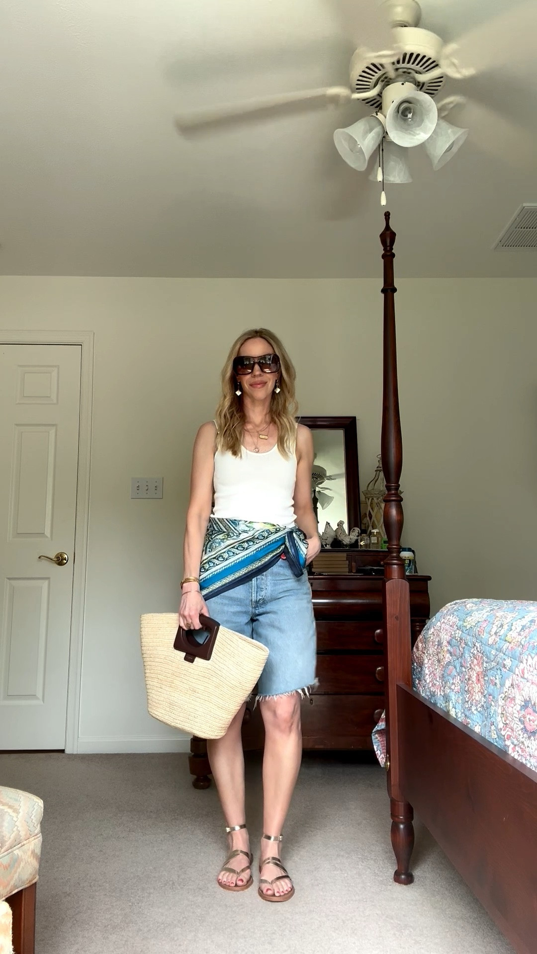 Summer vacation look, beach vacation, Euro summer, denim Bermuda shorts, silk scarf tied at waist, Le Tanneur straw tote bag

#LTKTravel #LTKSeasonal #LTKSaleAlert