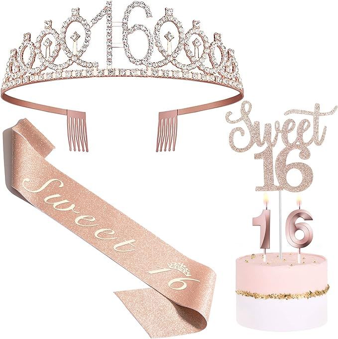Sweet 16 Birthday Gifts for Girls, 16th Birthday Tiara Crown, Sash, Cake Toppers,Birthday Candles... | Amazon (US)