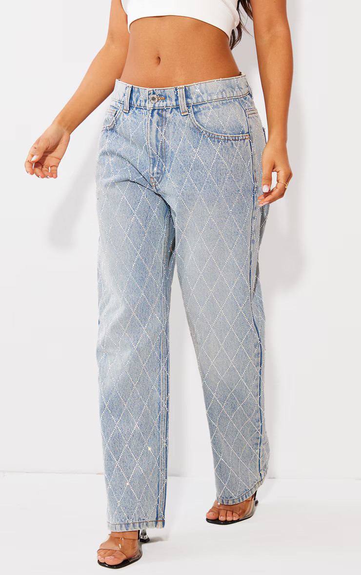 Petite Light Blue Wash Diamante Detail Jeans | PrettyLittleThing US