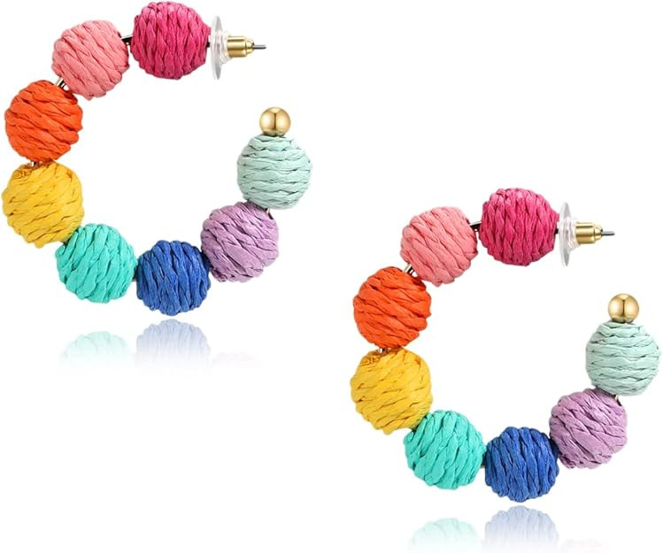 Colorful Statement Raffia Hoop Dangle Earrings for Women - Fun Summer Rattan Beach Vacation Jewel... | Amazon (US)