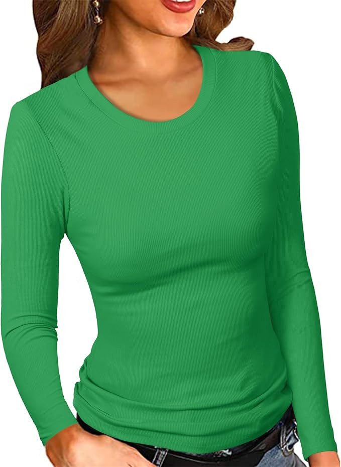 PALINDA Womne's Ribbed Round Neck Slim Fitted T Shirts Basic Solid Long Sleeve Layering Tee Tops | Amazon (US)