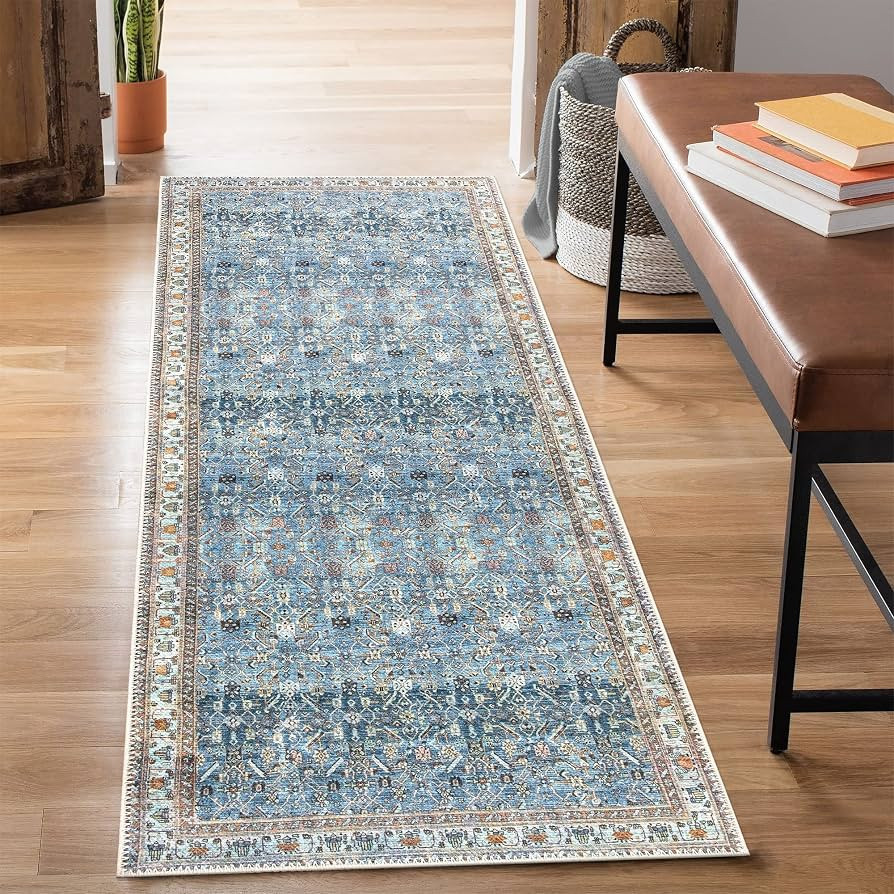 Bloom Rugs Washable Non-Slip 7 ft Runner - Blue/Beige Traditional Runner for Entryway, Hallway, B... | Amazon (US)