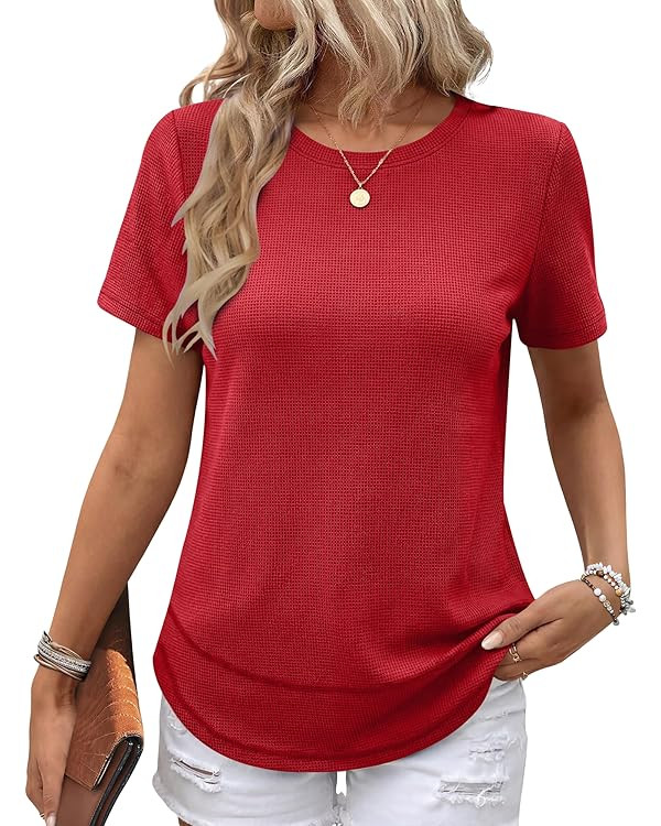 ANRABESS Womens Waffle Knit Tops Short Sleeve Crewneck Shirts Curved Hem Summer Dressy Casual Blo... | Amazon (US)