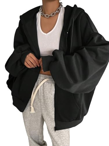 SweatyRocks Women's Causal Drop Shoulder Long Sleeve Sweatshirts Oversized Full Zip Solid Hoodie with Pocket Black L | Amazon (US)