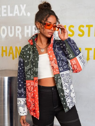 SHEIN Paisley Print Colorblock Puffer Coat | SHEIN
