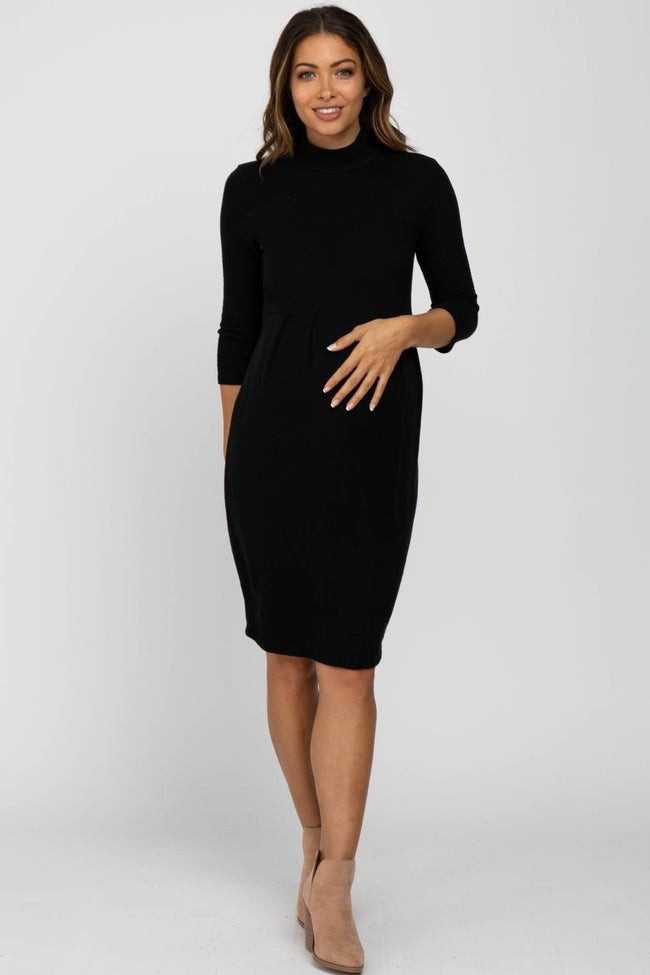 Black Brushed Mock Neck Fitted Maternity Dress | PinkBlush Maternity
