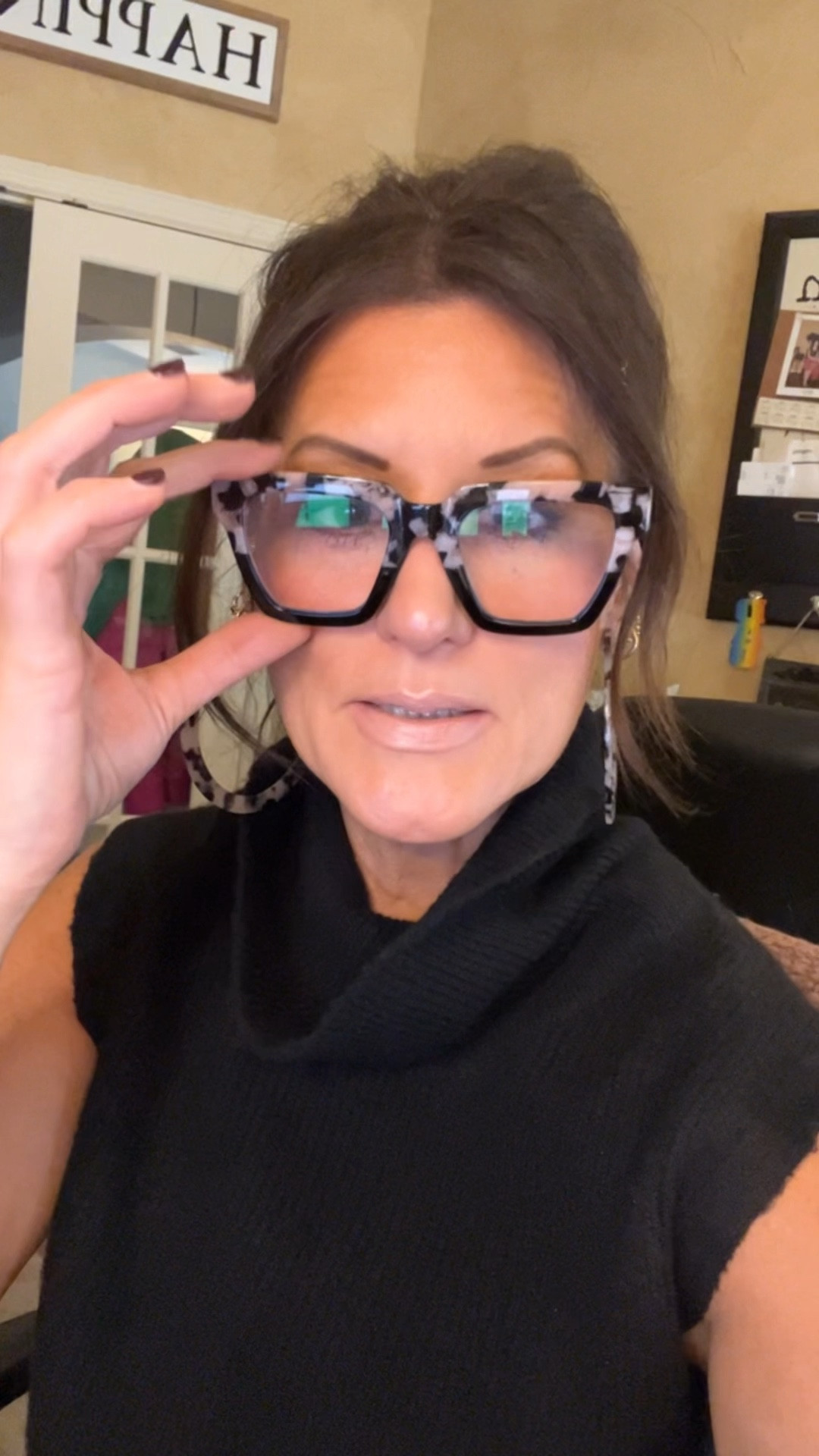 Reading Glasses.  Blonde tortoise hoop earrings from Eleven10 Leathers.  

#LTKOver40 #LTKFindsUnder50