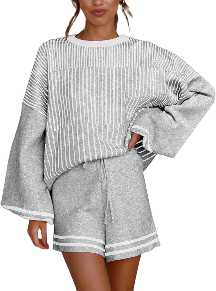 Metyou Women 2 Piece Knit Outfits Puff Sleeve Striped Shorts Set Sweater Sweatsuit | Amazon (US)