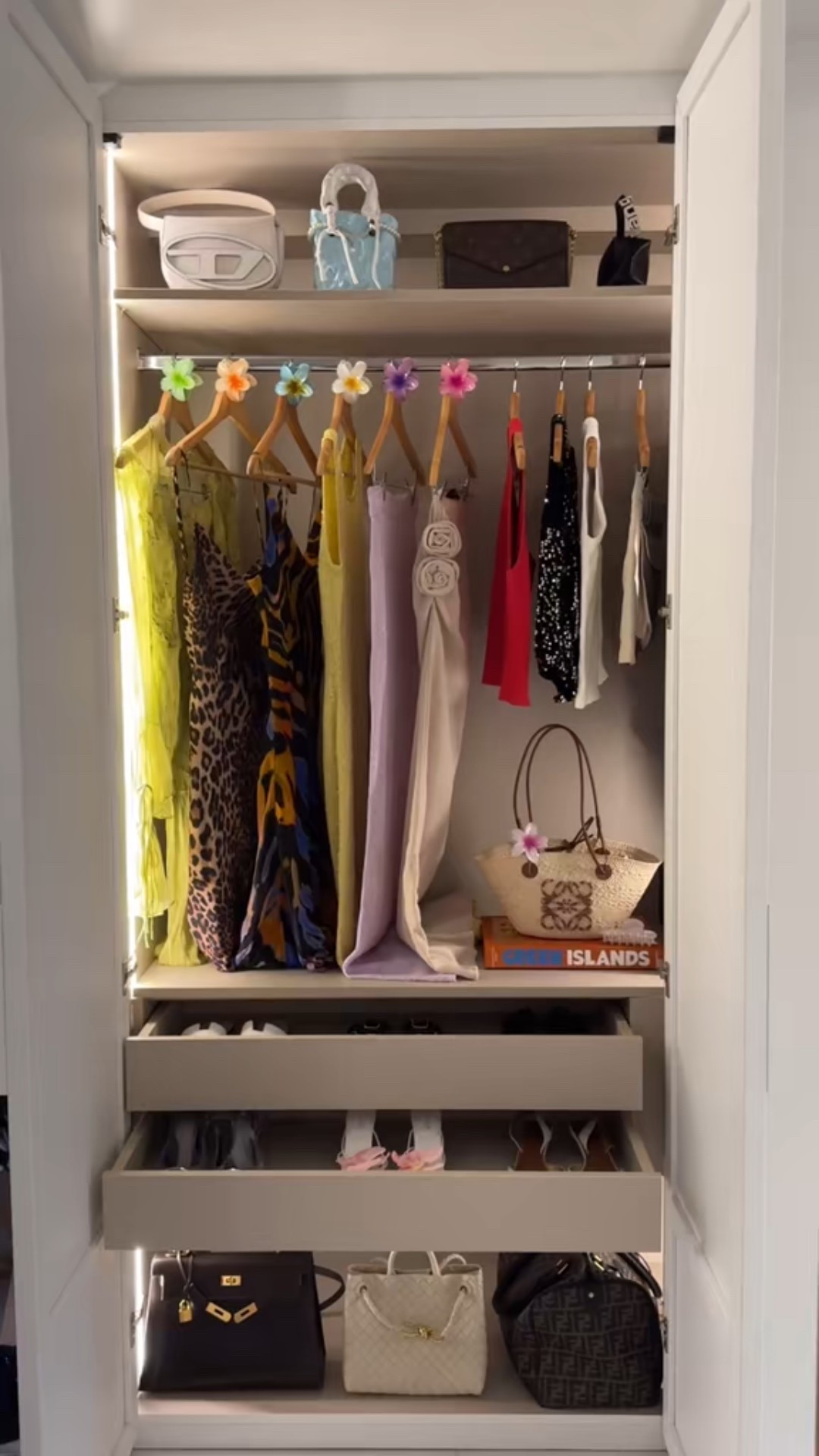 Holiday Wardrobe 🌴
Outfits from left to right:
Green set: Rat and Boa
Leopard dress: Whitefox
Pattern dress: Rat and Boa
Yellow dress: Asta Resort
Purple skirt: Whitefox
Beige flower skirt: Lioness
Red top: Diesel
Black and white sequin top: CouCoo
White tank: Source Unknown
Bruce skirt: Source Unknown 
Bags: Diesel, Ottolinger, Louis Vuitton, Alexander Wang, Loewe, Hermés, Bottega, Fendi
Shoes: Hermes, Hermes, Gucci, Diesel, Whitefox, Prada
