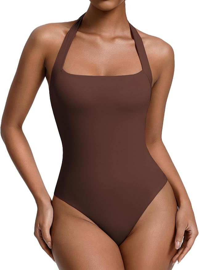 Avidlove Womens Square Neck Halter Bodysuit Sleeveless Double Lined Body Suits Going Out Tops Tho... | Amazon (US)