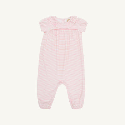 Short Sleeve Ramona Ruffle Romper - Sandpearl Pink Stripe | The Beaufort Bonnet Company