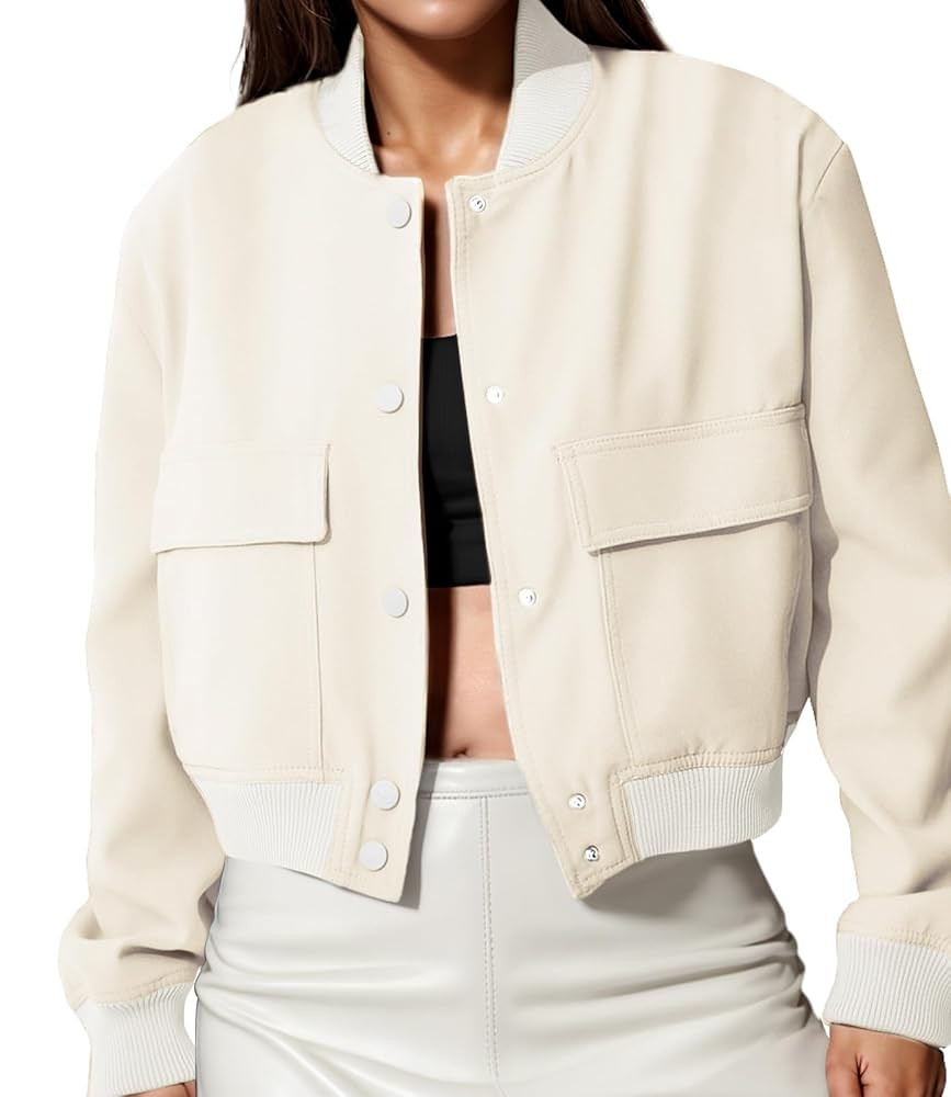 womens Cropped Bomber Jacket Button Down Varsity Jackets Shackets With Pockets | Amazon (US)