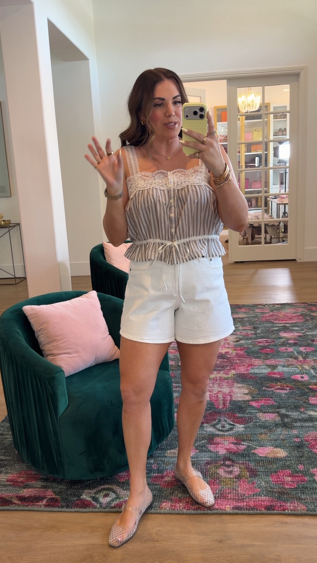 curvy midsize casual spring outfit! wearing size large in brown strip top (could have sized down, runs big) and size 30 in white mid length shorts! love my clear jelly mary jane flats 

#LTKSeasonal #LTKMidsize