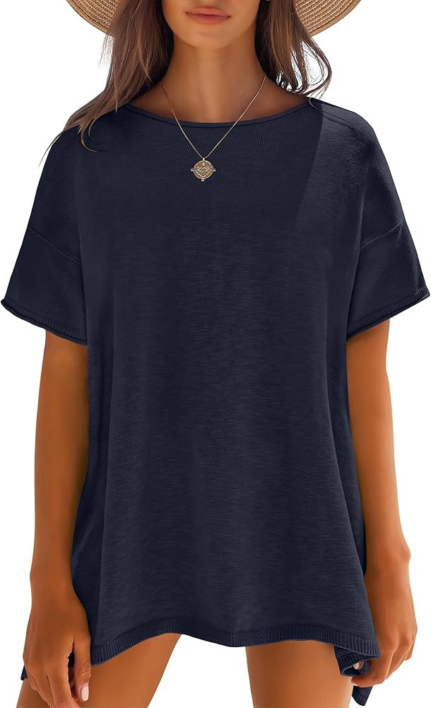 Caracilia Women Summer Lightweight Sweater Top Oversized Short Sleeve Drop Shoulder Seams Outside... | Amazon (US)