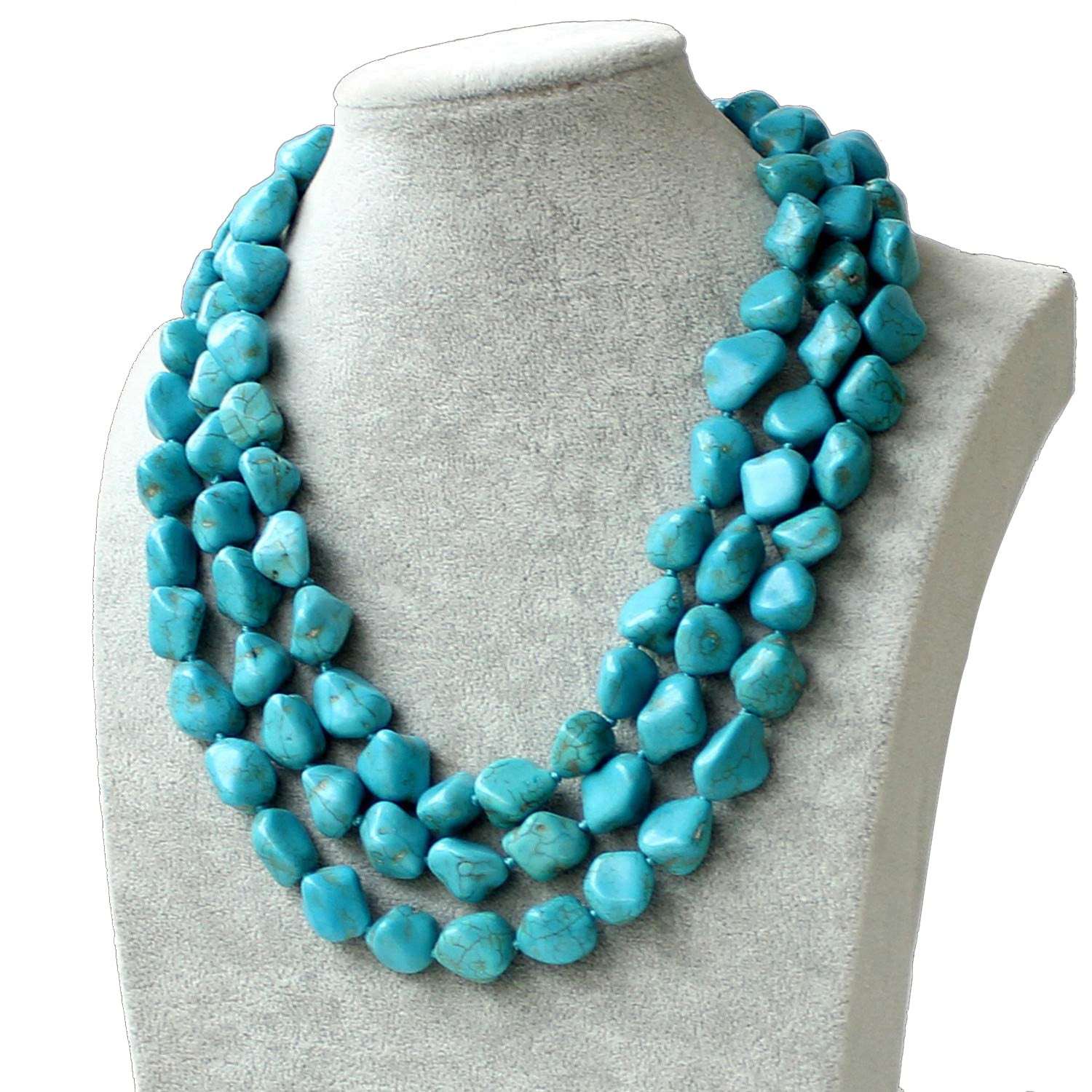 Blue Turquoise Stone 3 Row Multi Beaded Necklace Chunky Necklace Turquoise Necklace Statement Nec... | Amazon (US)