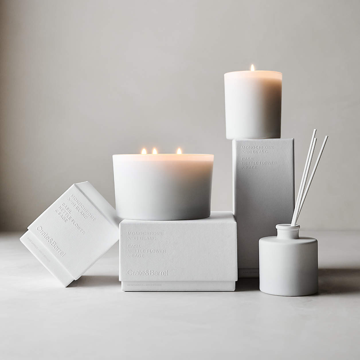 Monochrome No. 01 Blanc 3-Wick Scented Candle - Basil, Nettle Flower and Sage + Reviews | Crate &... | Crate & Barrel