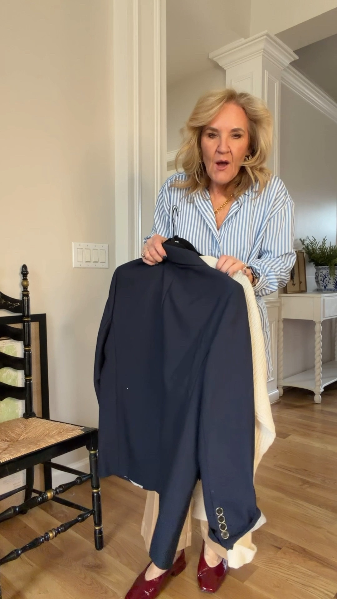 Update your office outfits with these classic pieces but in updated on trend silhouettes

Blouse size medium 
Khakis size 8 
Navy blazer 10 petite 
Cashmere cardigan size medium 
Merlot flats true to size 
Gucci bag. I’ll link a few great bag options too  

#LTKSaleAlert #LTKWorkwear #LTKOver40