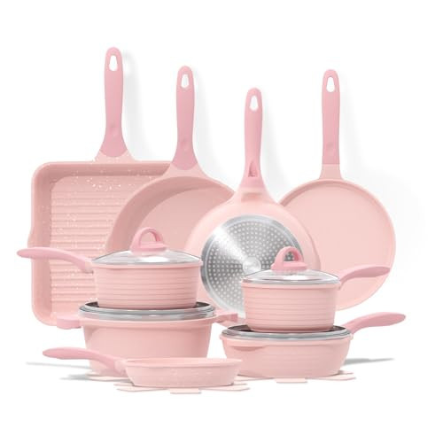 JEETEE Pink Pots and Pans Set Nonstick 23pcs, Healthy Kitchen Cookware Sets, Induction Cooking Set Pink Granite Stone Frying Pans, Saucepans, Sauté Pan, Griddle Pan & Crepe Pan (PFOA Free) | Amazon (US)