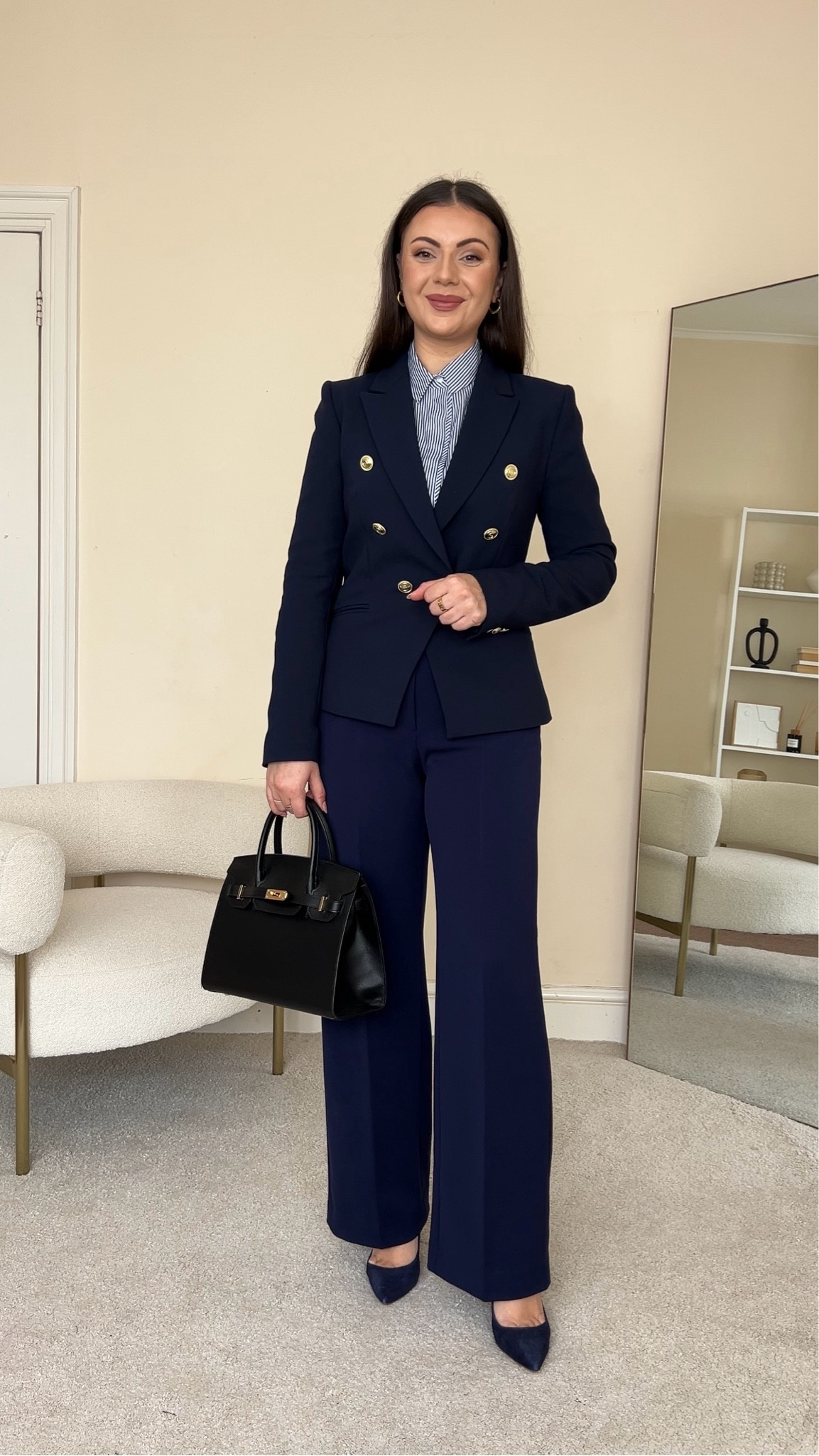 Spring workwear outfit. Styling navy trousers for work. Trousers are from &OtherStories, wearing size UK10. Shirt is from Mango, wearing size UK10. Blazer is from Karen Millen, wearing size UK10. 

#LTKfindsunder100 #LTKworkwear #LTKeurope