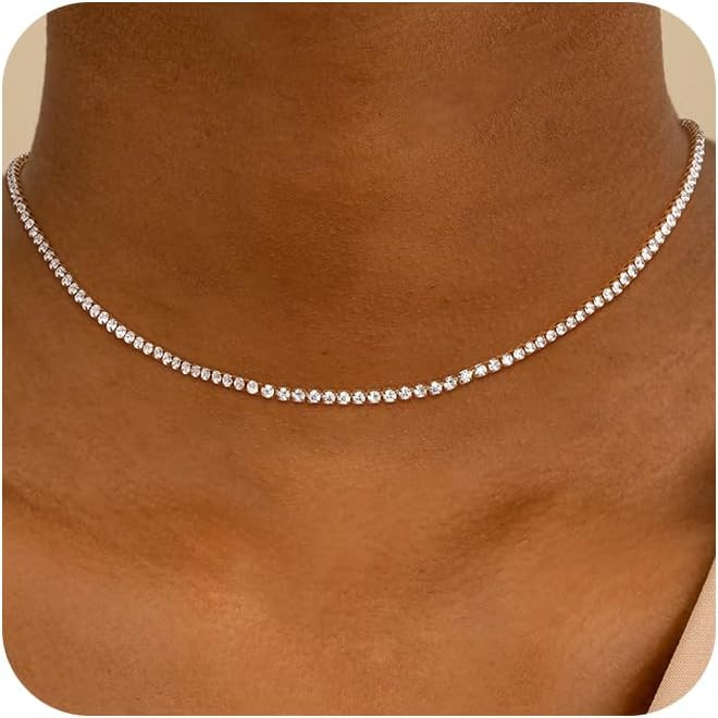 Tennis Necklace for Women, 14K Gold/Silver Plated Rhinestone Choker Necklace for Women, Dainty Cu... | Amazon (US)