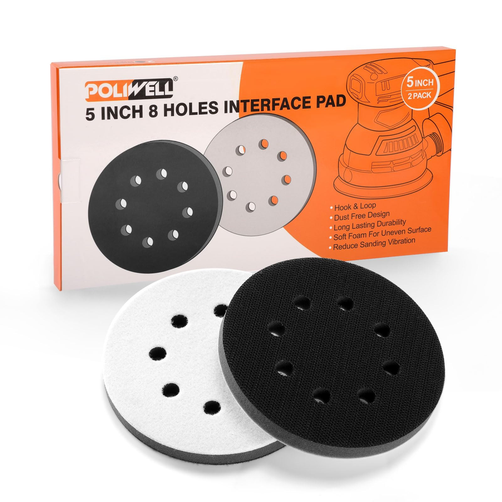 POLIWELL 5 Inch 8 Holes Interface Pad, 5” Orbital Sander Foam Pad for 5 in Orbital Sander, Hook... | Amazon (US)