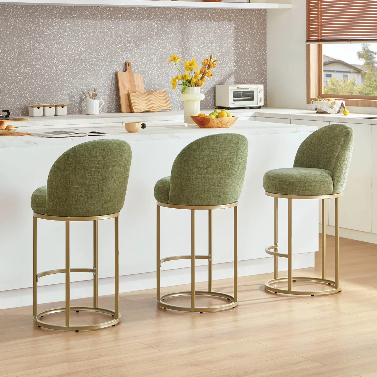 Sculptural Swivel Bar Stool With Gold Metal Base And Cushioned Chenille Seat (Set of 3) | Wayfair North America