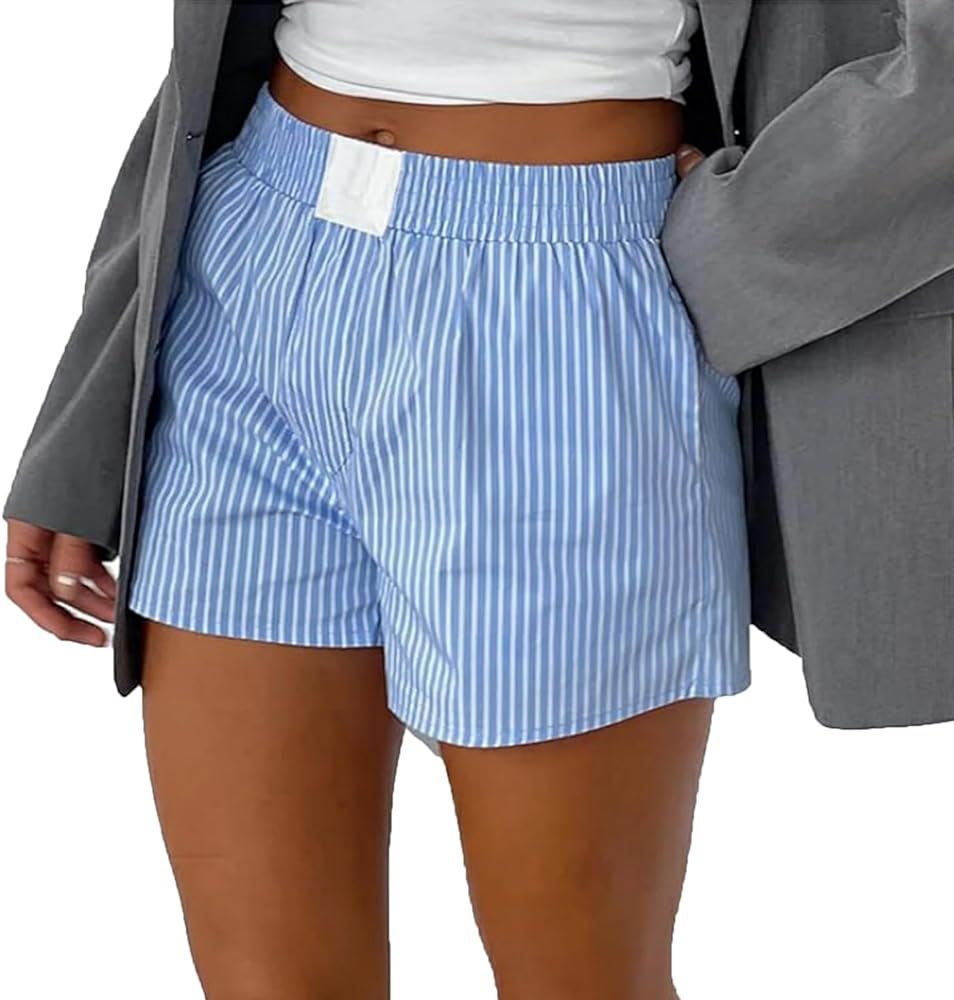 Vintage Boxers Shorts for Women Y2k Elastic Waist Plaid Striped Lounge Shorts Teen Casual Baggy G... | Amazon (US)