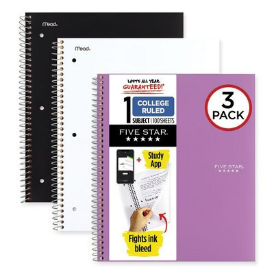 Five Star Wirebound Notebook with Two Pockets, 1-Subject, Medium/College Rule, Assorted Cover Color, (100) 11 x 8.5 Sheets, 3/Pack Model No 820188 | Target