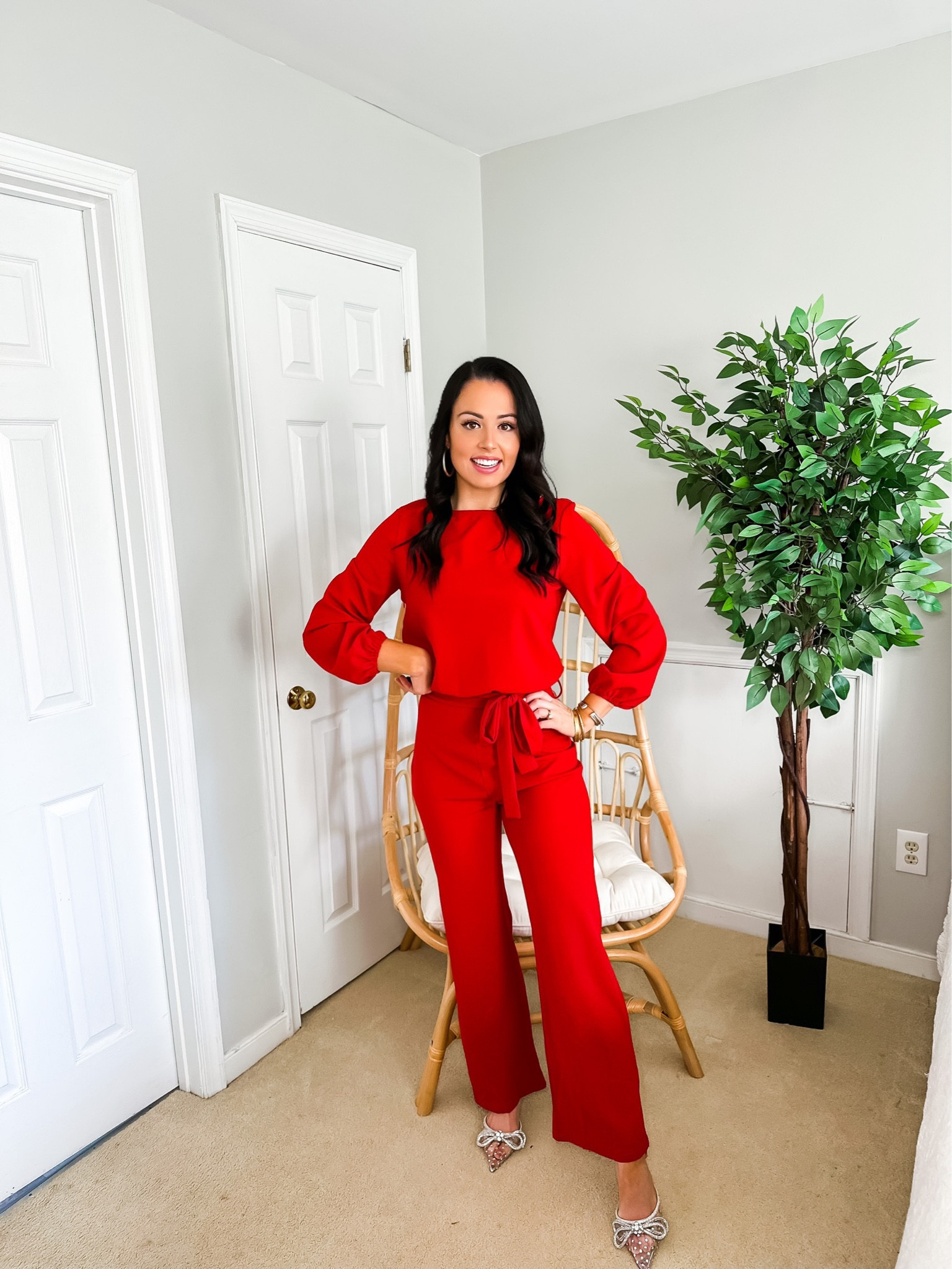 Under $40 amazon tie front jumpsuit (small, 3+ colors), under $60 amazon sparkly bow front heels (tts) love this look for Valentine’s Day or a wedding guest! #founditonamazon 

#LTKshoecrush #LTKwedding #LTKunder50