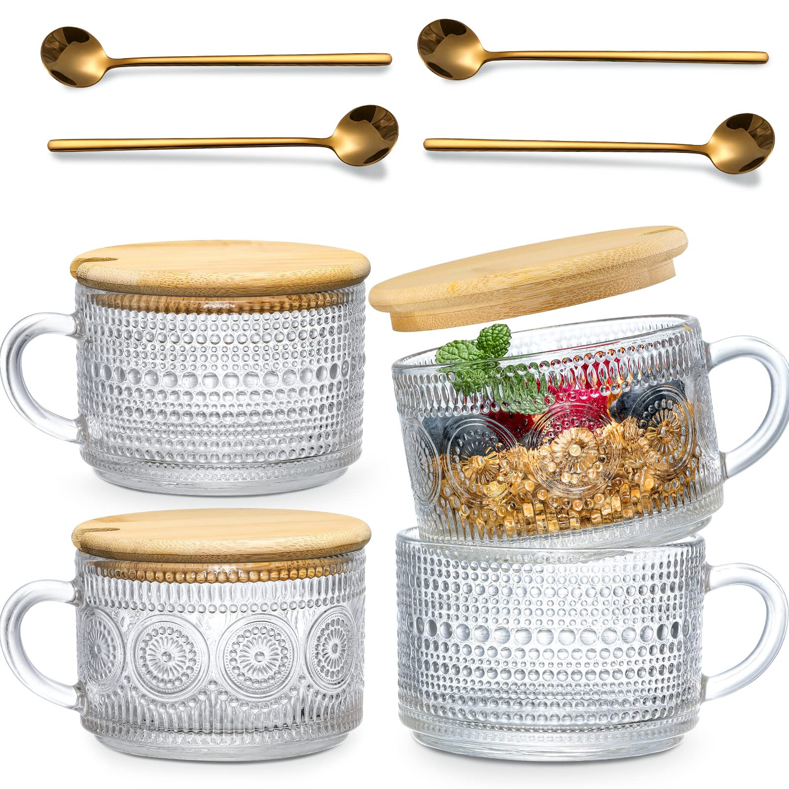 4pcs Set Vintage Coffee Mugs, Overnight Oats Containers with Bamboo Lids and Spoons - 14oz Clear Emb | Amazon (US)