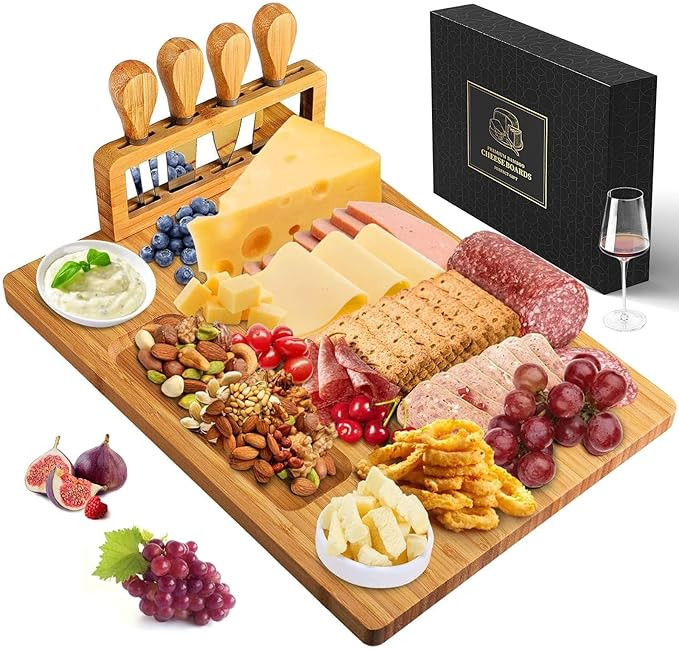 Bamboo Cheese Board Set - Charcuterie Boards and Serving Meat Platter, Cheese Tray with 4 Stainle... | Amazon (US)