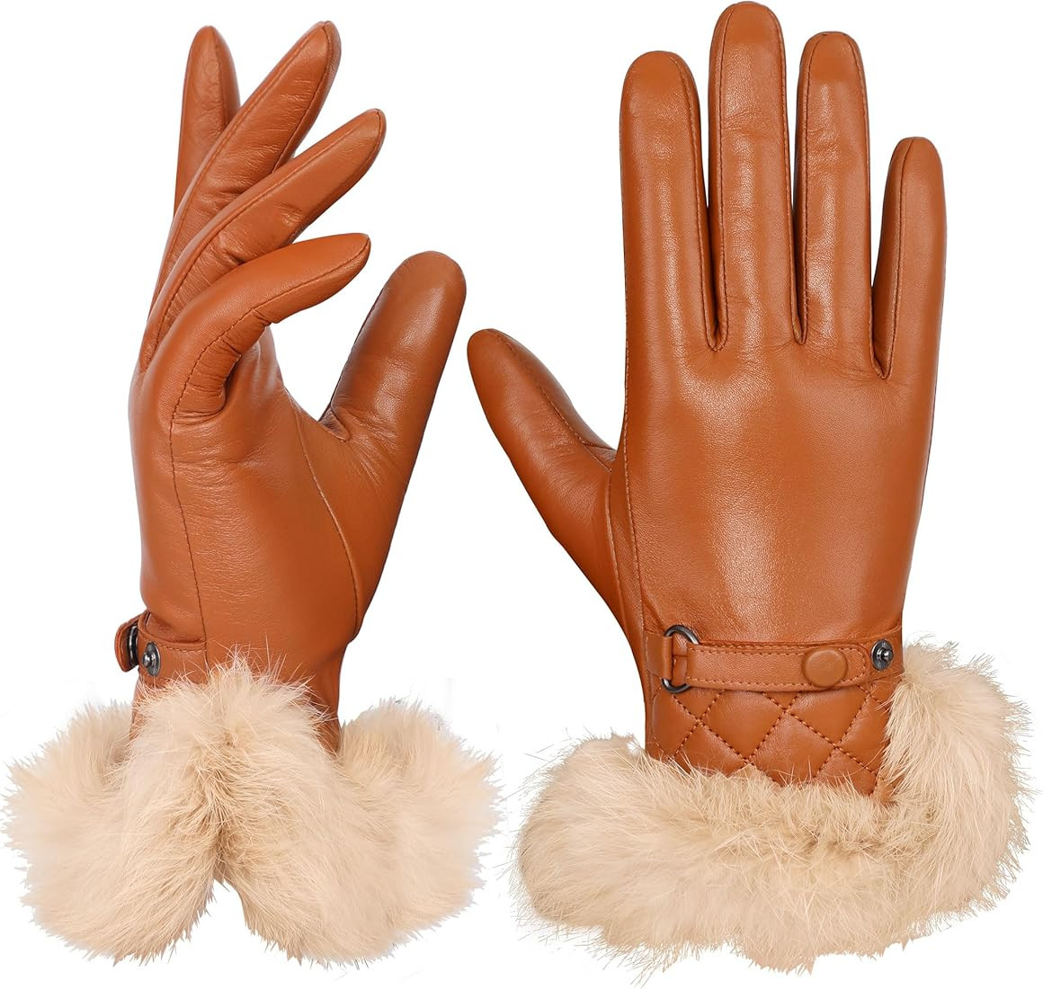 GSG Women Leather Gloves Luxury Rabbit Fur Cuff Winter Touchscreen Warm Driving Gloves | Amazon (US)