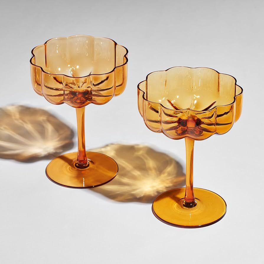 Flower Wave Vintage Art Deco Coupe for Champagne, Martini, Cocktails | 2 Set | Amber 7 oz Classic... | Amazon (US)