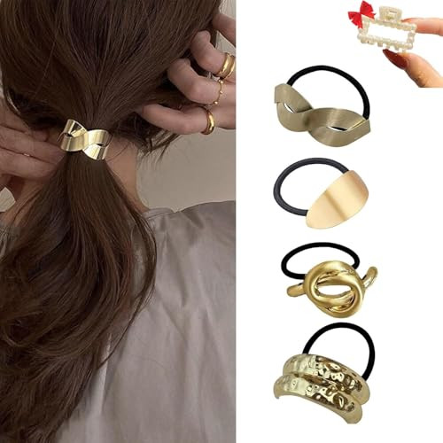 Metal Hair Tie, Gold Ponytail Cuff, Pony Cuff for Hair, Hair Cuffs for Ponytails, Gold Metal Hair Tie, Metal Hair Cuffs Hair Accessories for Women Girls(4pcs-2) | Amazon (US)