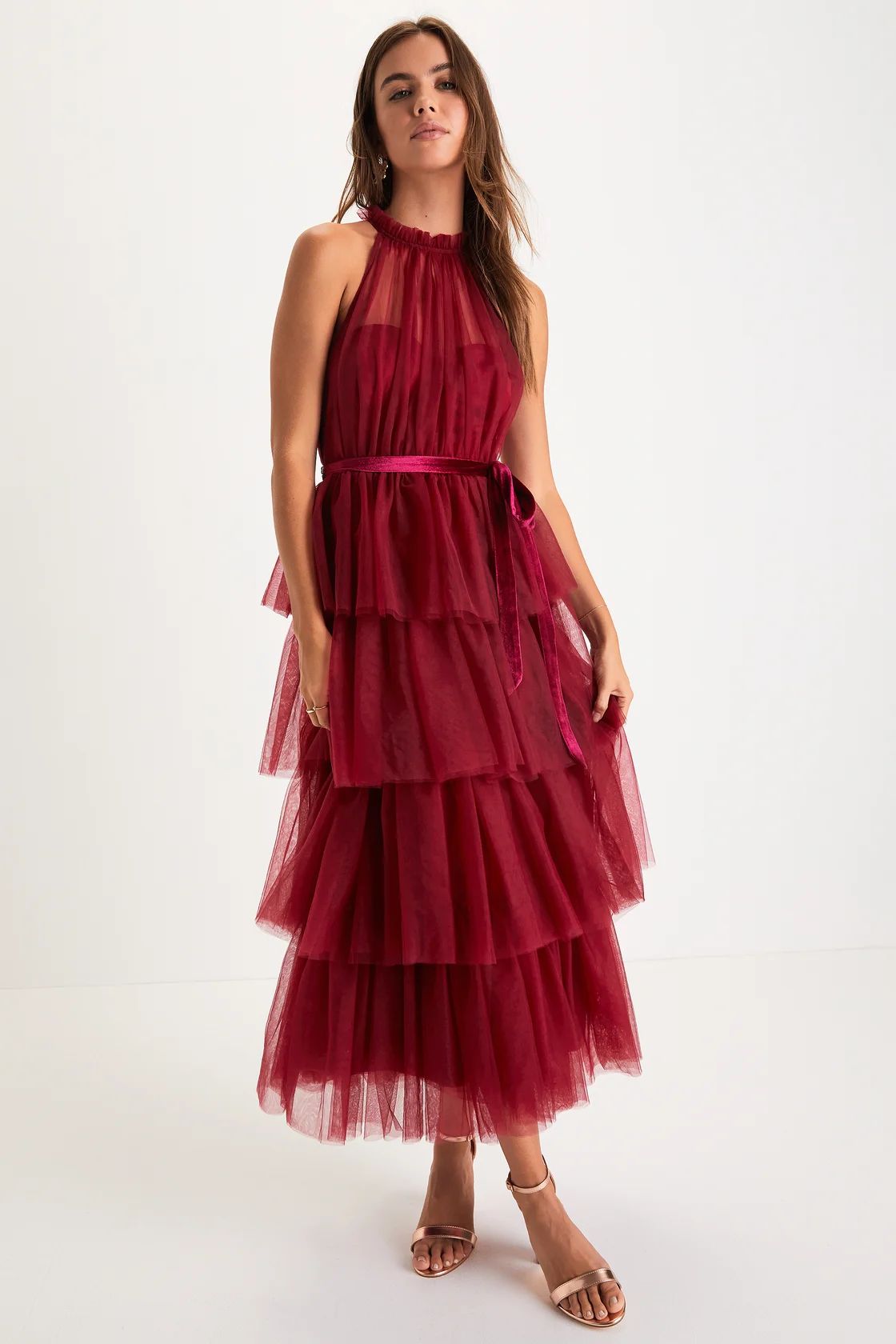 Wondrous Glamour Wine Red Tulle Tiered Halter Midi Dress | Lulus (US)