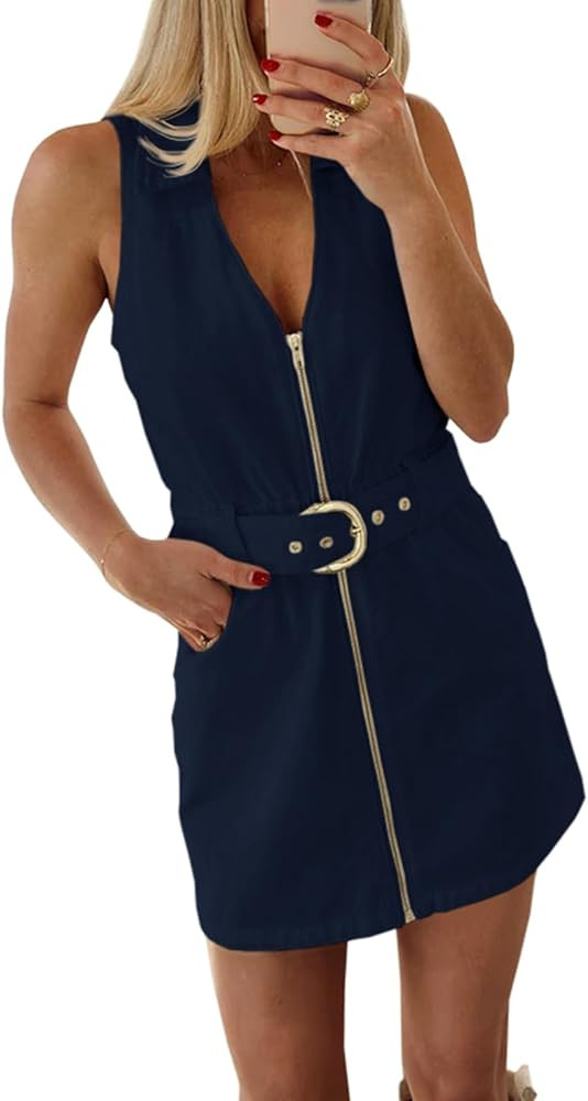 Fisoew Womens Summer Mini Dress Zip Up V Neck Collared Belted Sleeveless Cowgirl Tank Dresses | Amazon (US)
